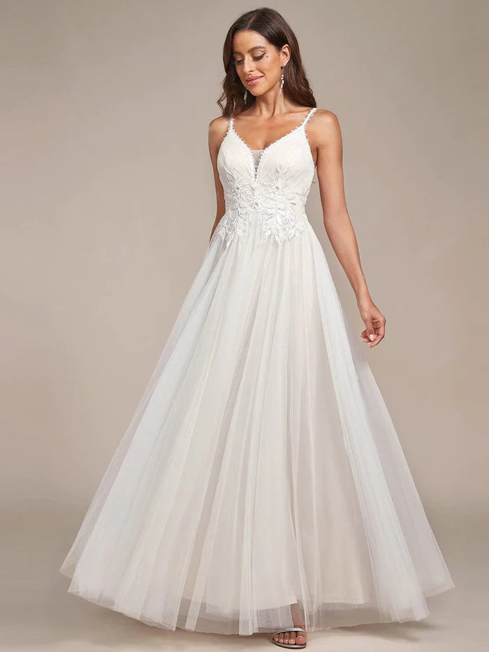 Spaghetti Strap Embroidered V-neck A-line Wedding Dress