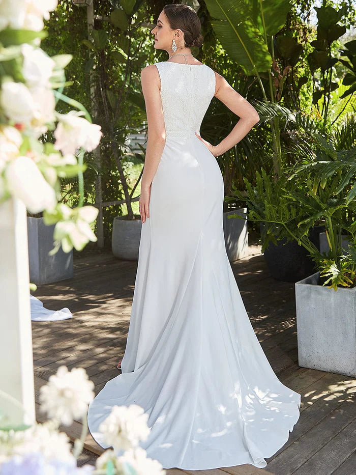 Sleeveless Floral Lace Round Neck Side Slit Fishtail Wedding Dress