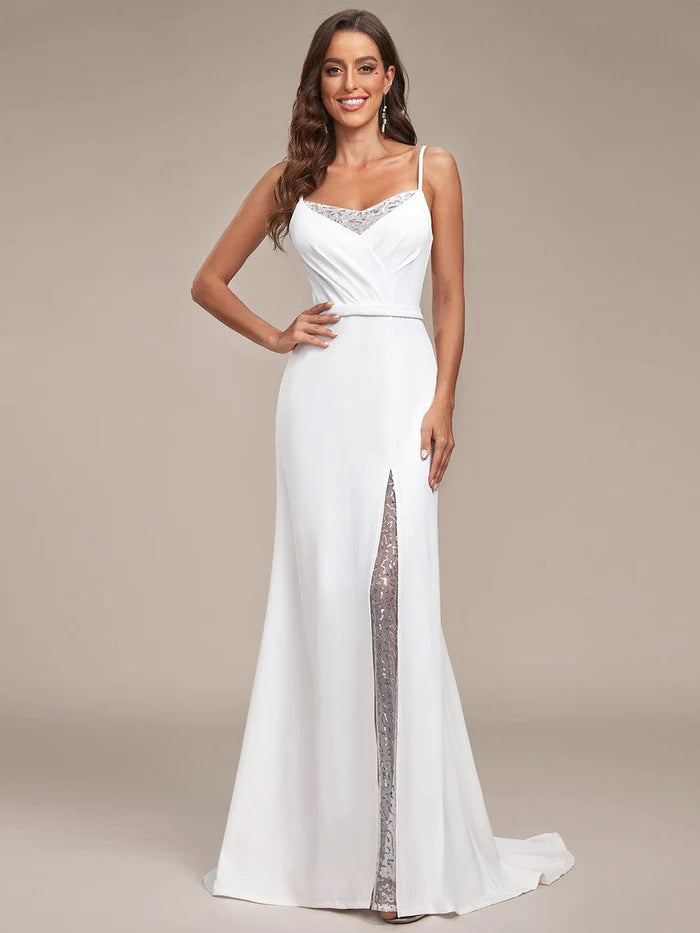 A-Line Lace Spaghetti Strap Front Slit Wedding Dress
