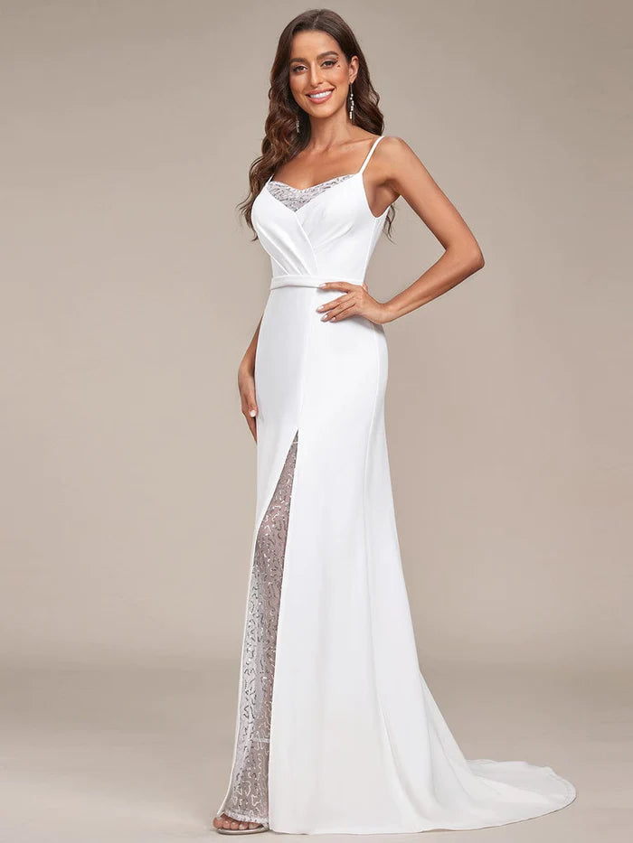 A-Line Lace Spaghetti Strap Front Slit Wedding Dress