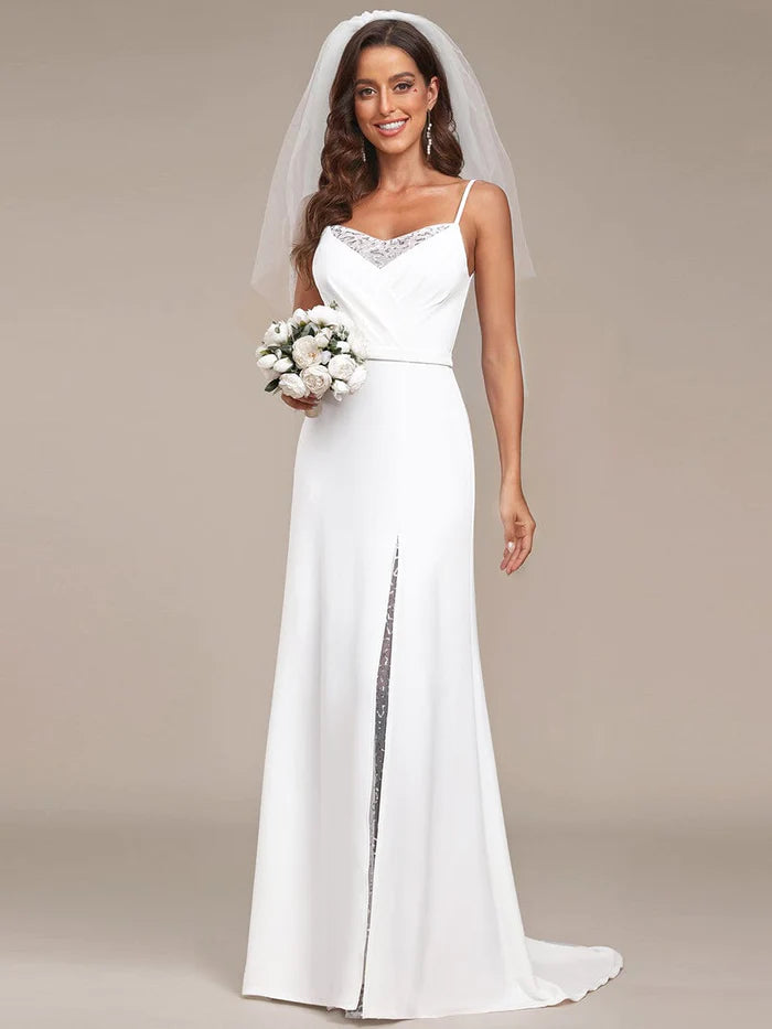 A-Line Lace Spaghetti Strap Front Slit Wedding Dress