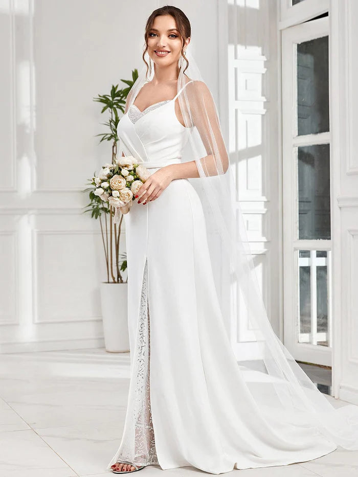 A-Line Lace Spaghetti Strap Front Slit Wedding Dress