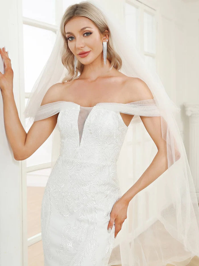 V-Neck Draped Sleeve Tulle Mermaid Lace Wedding Dress