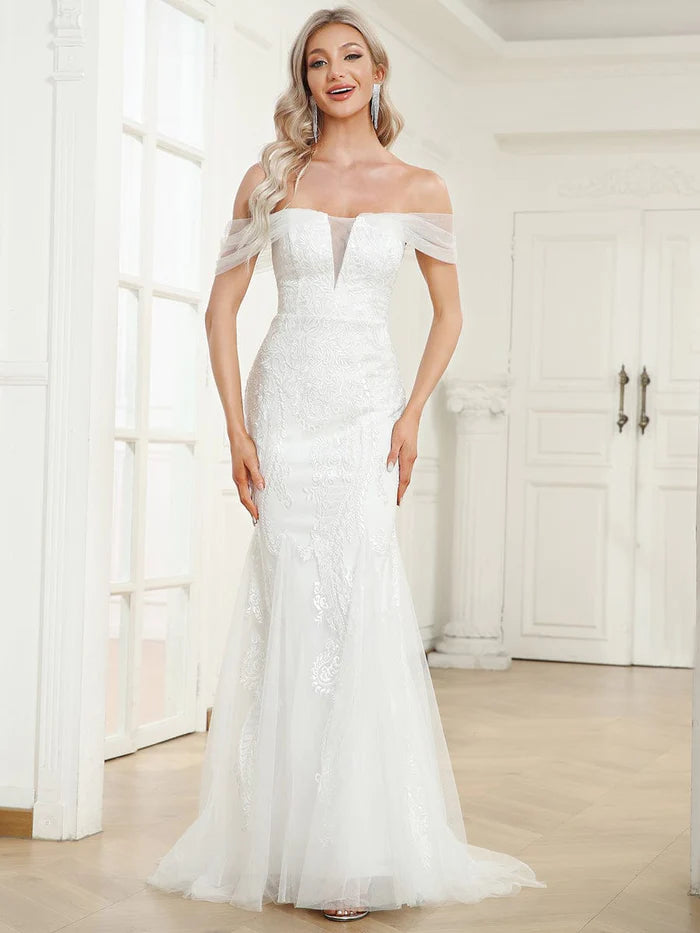 V-Neck Draped Sleeve Tulle Mermaid Lace Wedding Dress