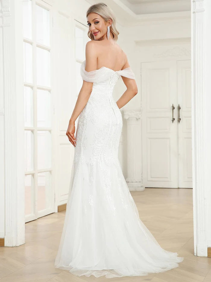 V-Neck Draped Sleeve Tulle Mermaid Lace Wedding Dress