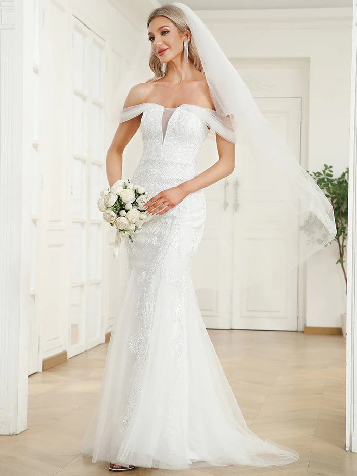 V-Neck Draped Sleeve Tulle Mermaid Lace Wedding Dress