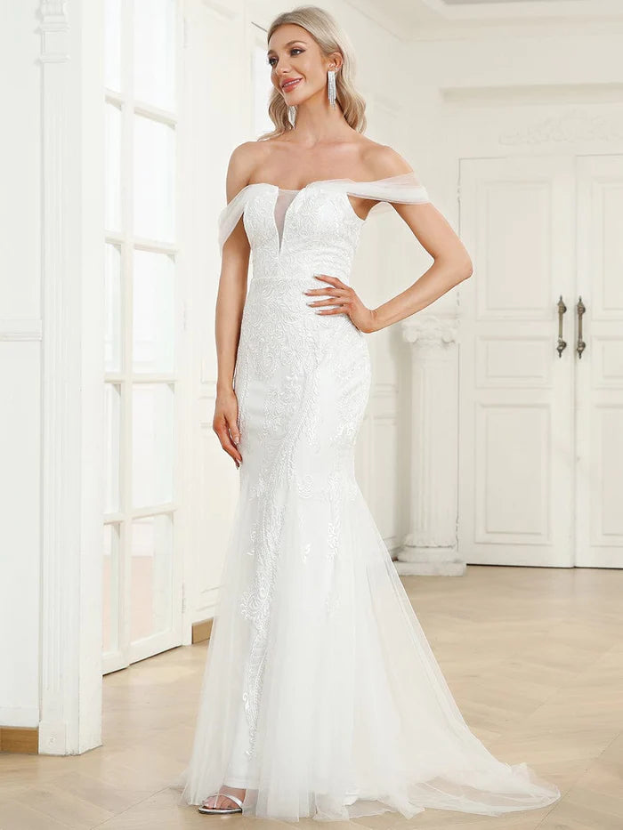 V-Neck Draped Sleeve Tulle Mermaid Lace Wedding Dress