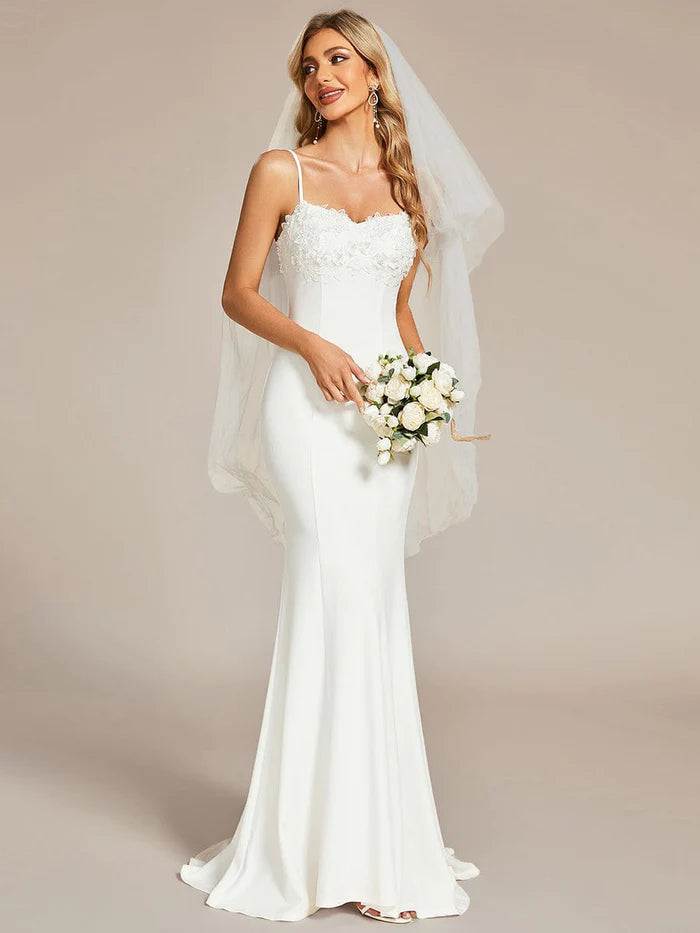 Elegant Lace Applique Mermaid Wedding Dress with Spaghetti Straps