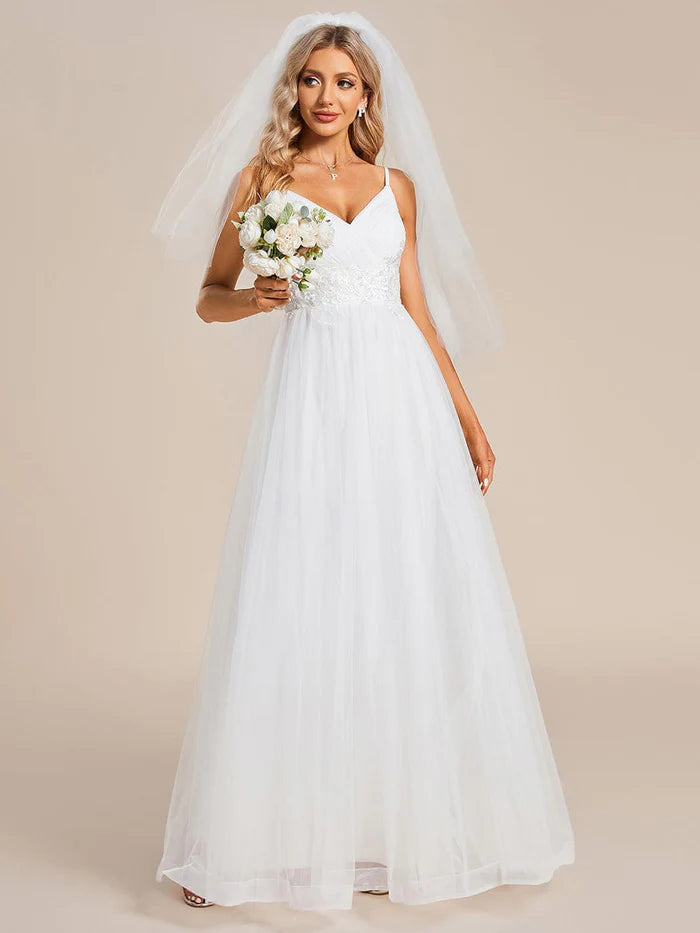 Spaghetti Straps V-Neck Applique Wedding Dress