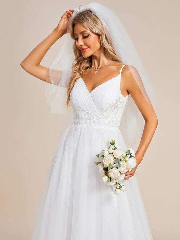 Spaghetti Straps V-Neck Applique Wedding Dress