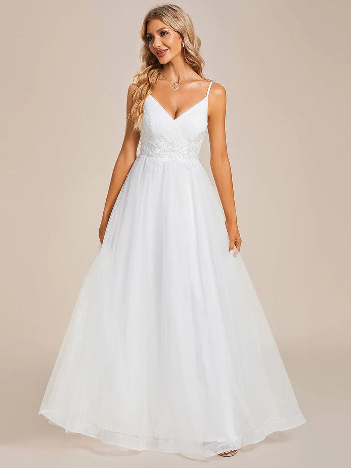Spaghetti Straps V-Neck Applique Wedding Dress