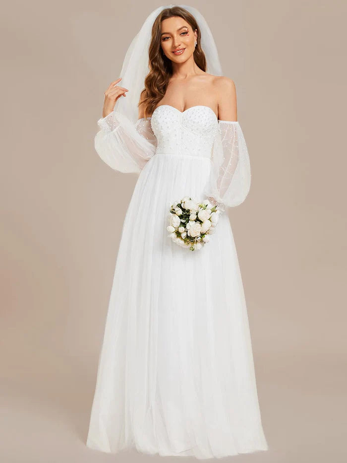 Pearl-Adorned Strapless Tulle Floor-Length Wedding Dress