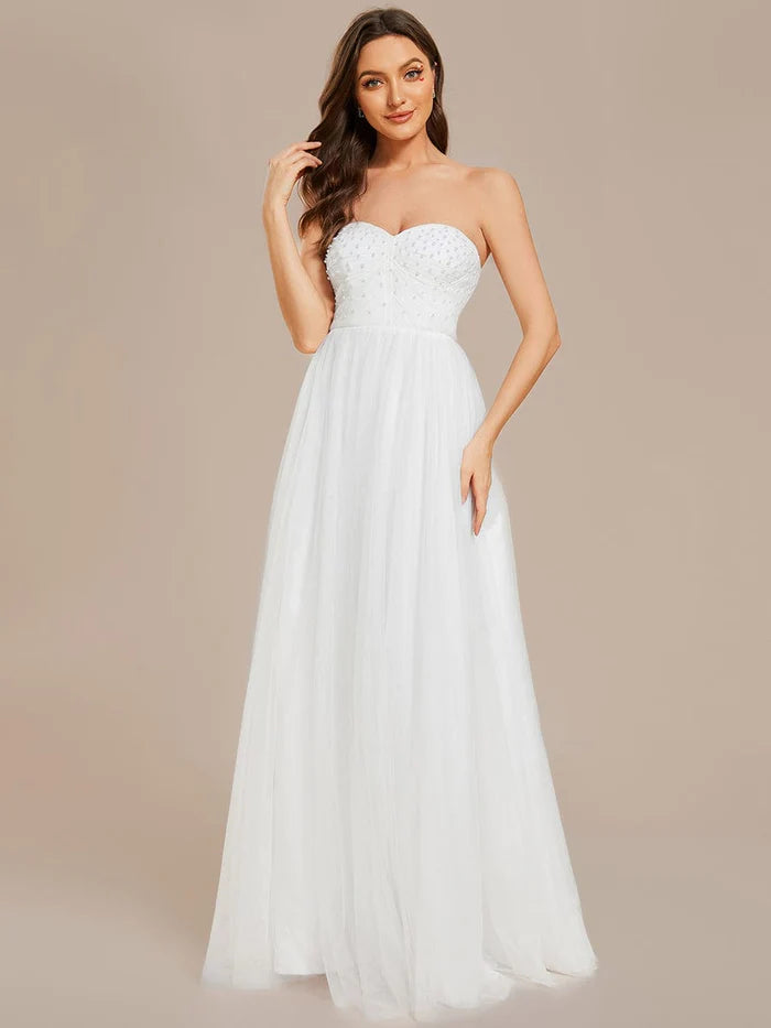 Pearl-Adorned Strapless Tulle Floor-Length Wedding Dress