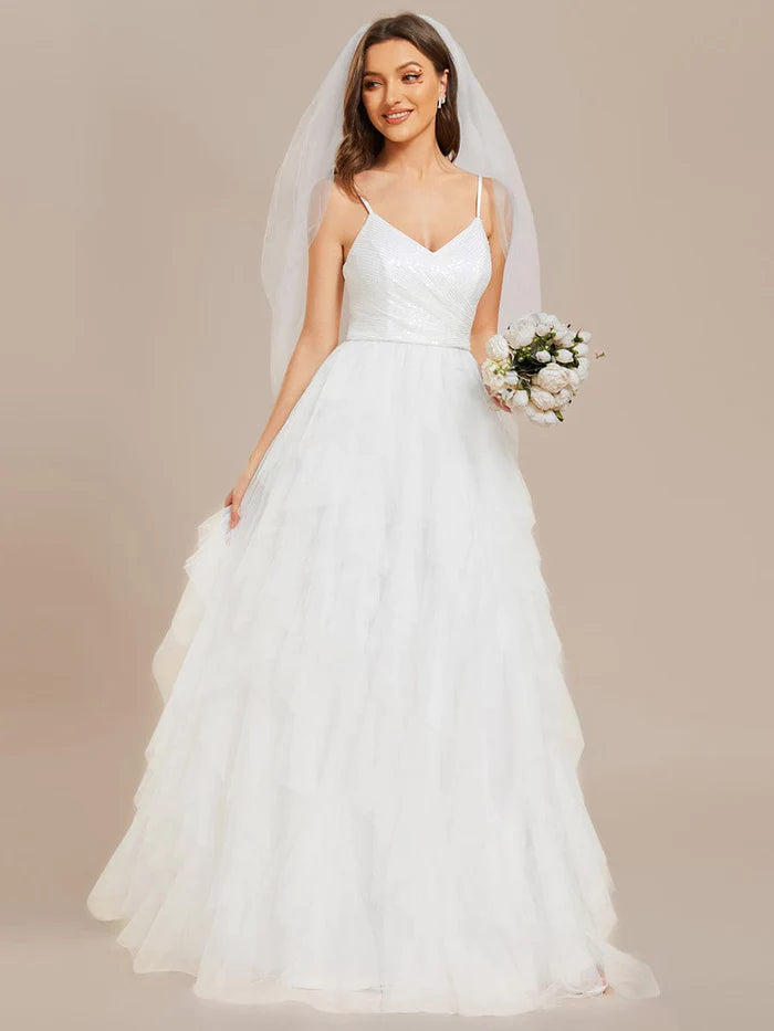 Sparkling V-Neck Spaghetti Straps Tulle Wedding Dress