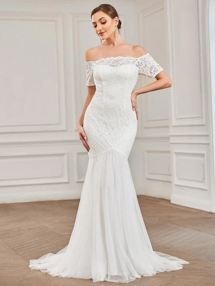 Off the Shoulder Bodycon Fishtail Vintage Embroidered Floral Lace Wedding Dress