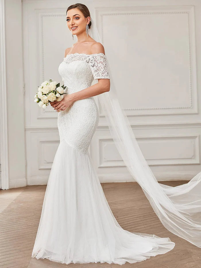 Off the Shoulder Bodycon Fishtail Vintage Embroidered Floral Lace Wedding Dress