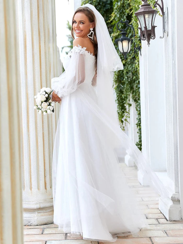 V Neck Off Shoulder Applique wedding dress