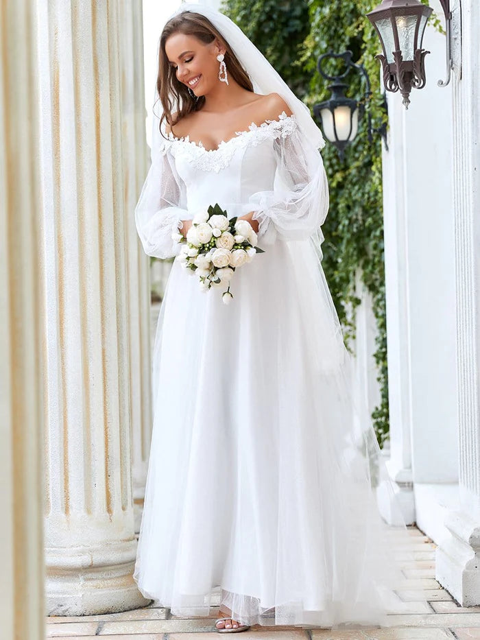 V Neck Off Shoulder Applique wedding dress