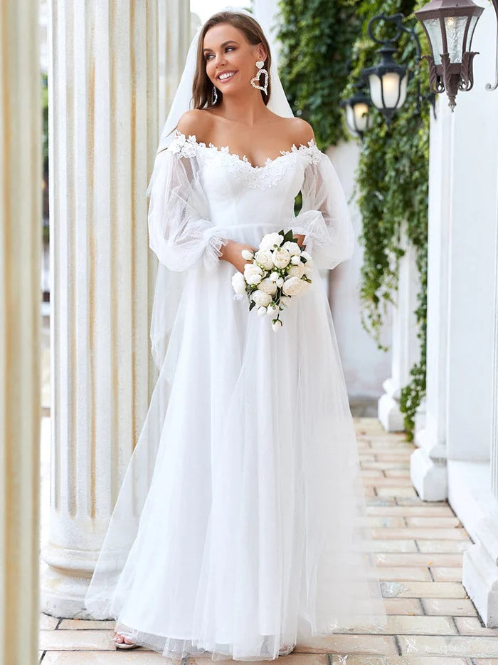 V Neck Off Shoulder Applique wedding dress