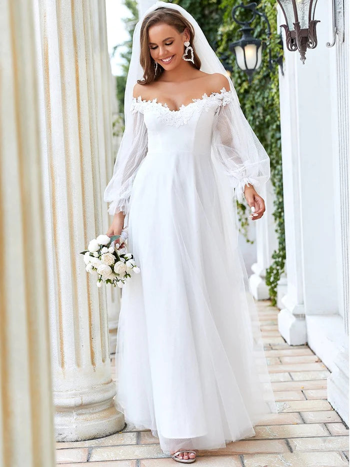 V Neck Off Shoulder Applique wedding dress