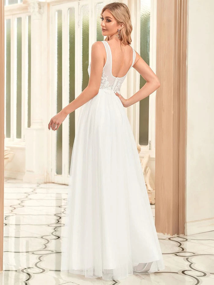Sleeveless Applique Low Back Floor Length Wedding Dress