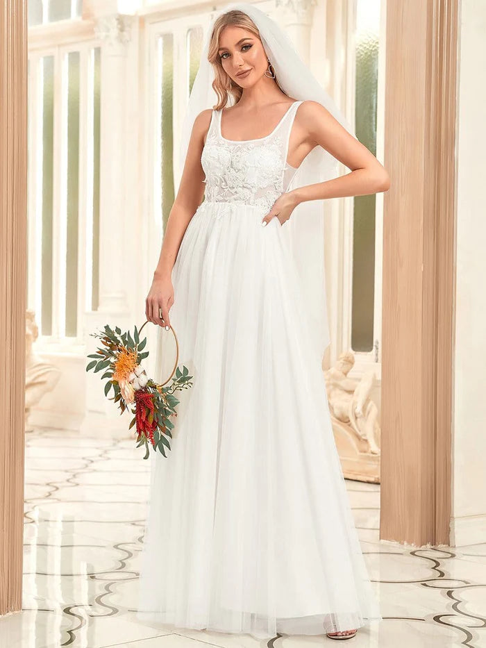 Sleeveless Applique Low Back Floor Length Wedding Dress