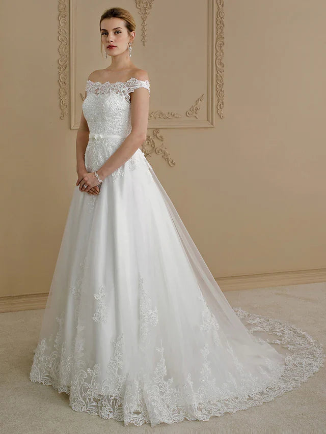 DingjiBall Gown Wedding Dresses Off Shoulder Court Train Lace Tulle Cap Sleeve Country Glamorous See-Through Plus Size Backless with Sashes Ribbons Bow(s) Buttons