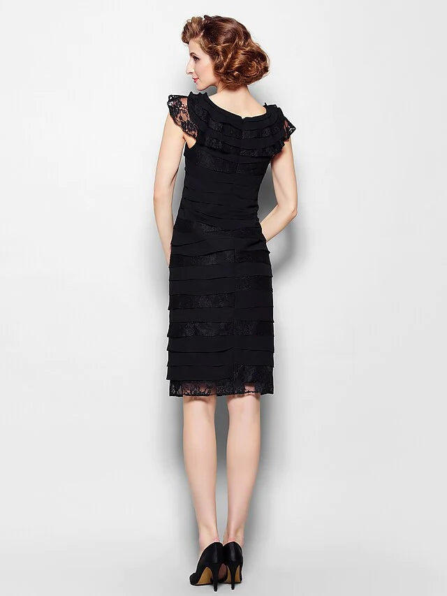 Mother of the Bride Dress Little Black Dress Scoop Neck Knee Length Chiffon Lace Sleeveless with Lace Pleats Ruffles