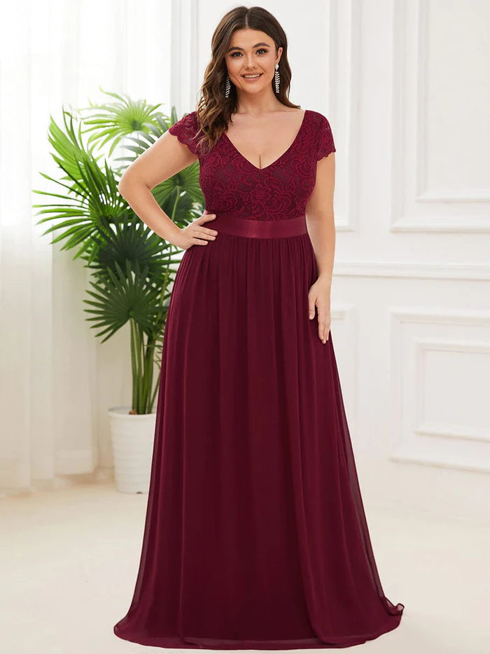 Plus Size Lace Short Sleeve Floor Length Mother of the Bride Dress