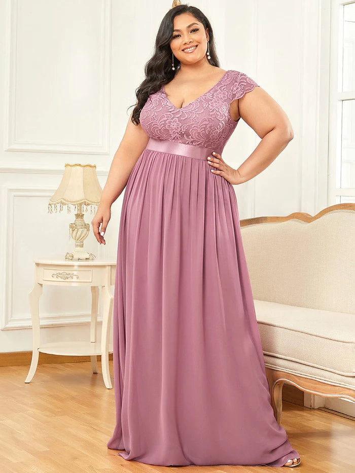 Plus Size Lace Short Sleeve Floor Length Mother of the Bride Dress
