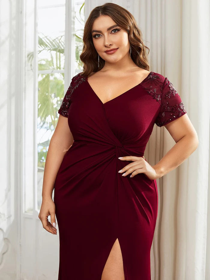 Short Sequin Sleeve V-Neck Front Slit Mother of the Bride Dress