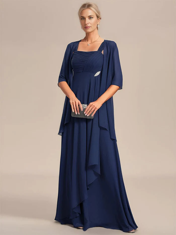 Two-Piece Square Neck Mother of the Bride Dress with Chiffon Top