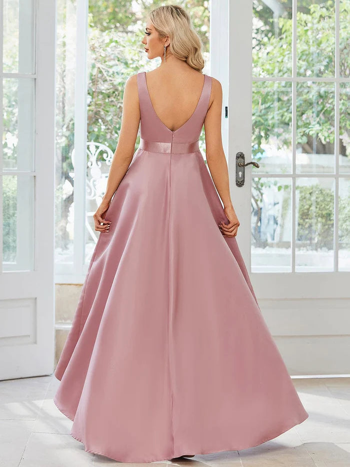 Glamourous V-Neck High Low Prom Dress with and High Waist
