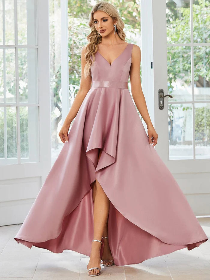 Glamourous V-Neck High Low Prom Dress with and High Waist