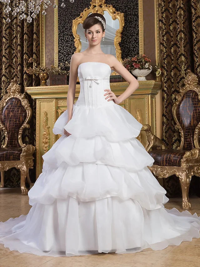 DingjiBall Gown Wedding Dresses Strapless Court Train Organza Satin Strapless with Pick Up Skirt Bow(s)