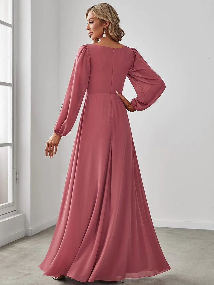 Deep V Neck Long Wedding Guest Dress with Long Sleeves