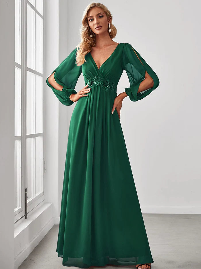 Deep V Neck Long Wedding Guest Dress with Long Sleeves