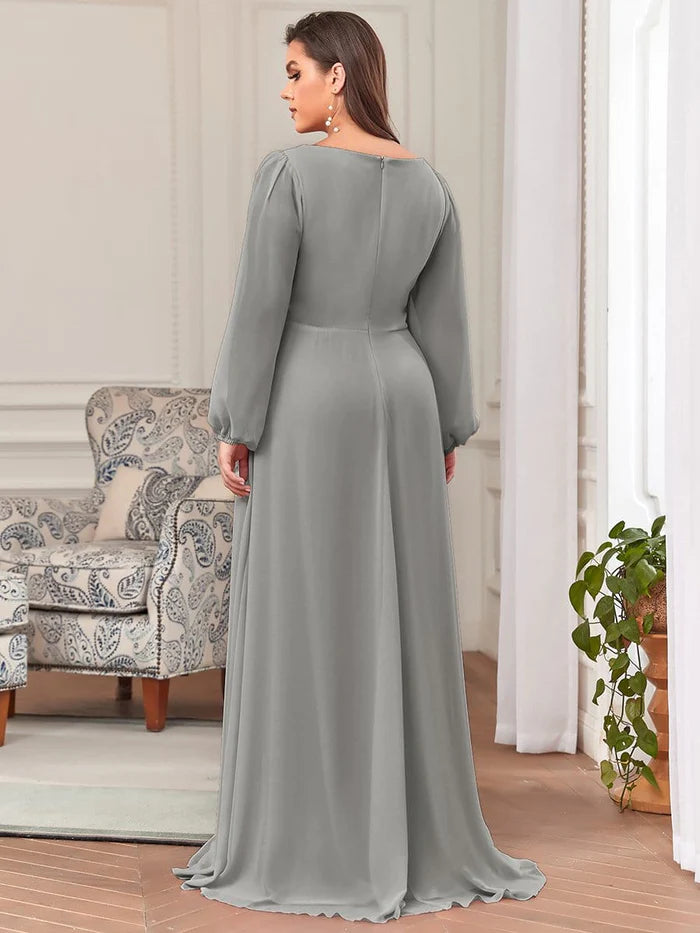 Deep V Neck Long Wedding Guest Dress with Long Sleeves