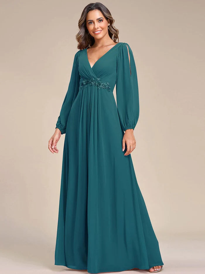 V-Neck Long Sleeve Applique A-Line Chiffon Evening Dress