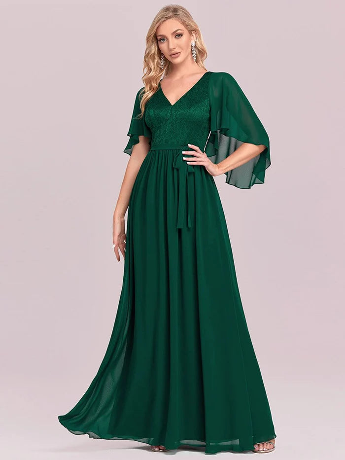 Elegant Deep V Neck Chiffon Maxi Evening Dress