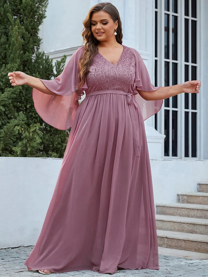 Elegant Deep V Neck Chiffon Maxi Evening Dress