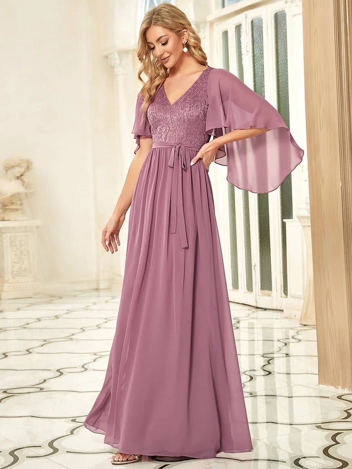 Elegant Deep V Neck Chiffon Maxi Evening Dress