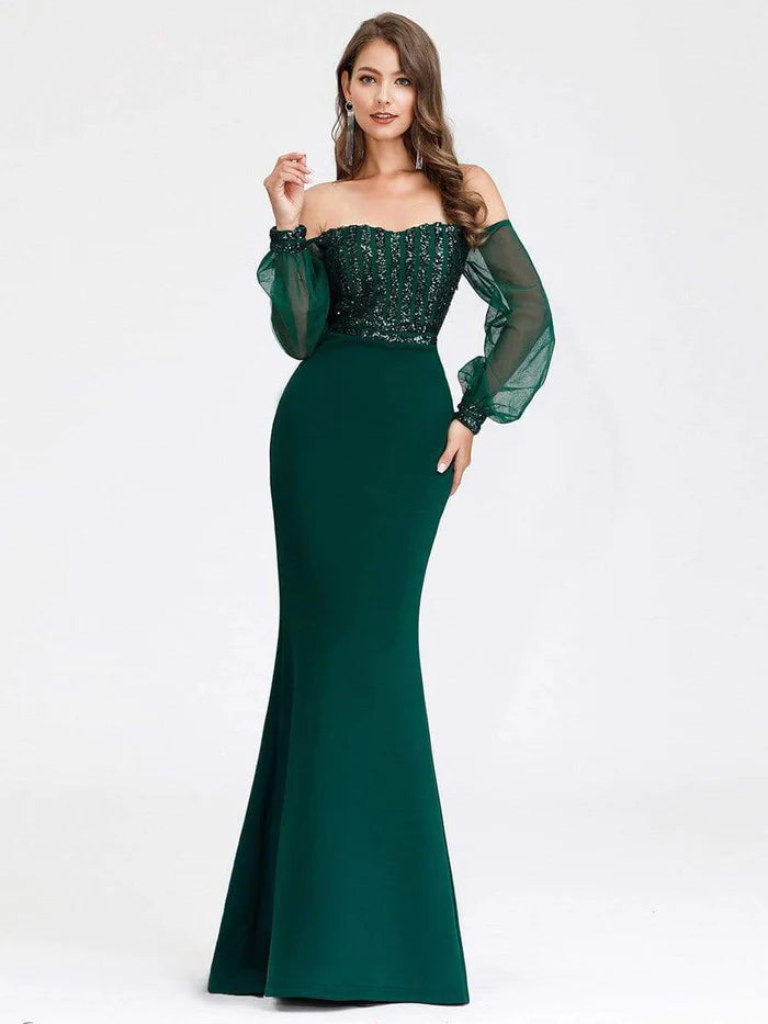 Fashion Off the Shoulder Sequin Evening Gowns With Tulle Sleeve