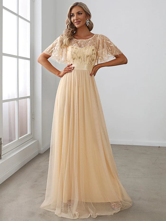 Women's A-Line Short Sleeve Embroidery Floor Length Wedding Guest Dresses