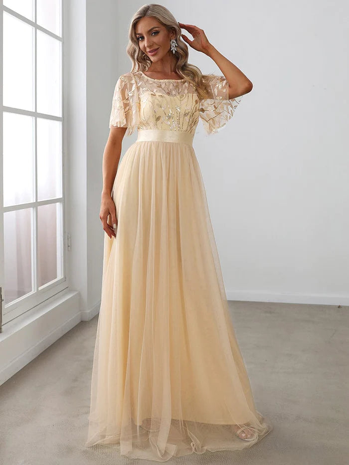 Women's A-Line Short Sleeve Embroidery Floor Length Wedding Guest Dresses