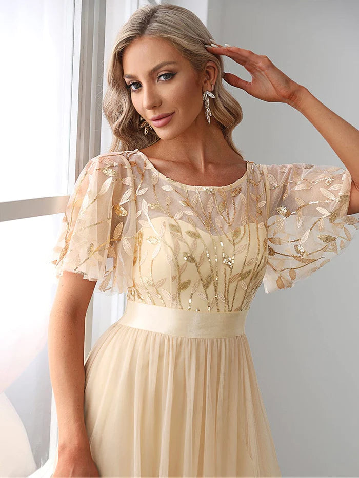 Women's A-Line Short Sleeve Embroidery Floor Length Wedding Guest Dresses