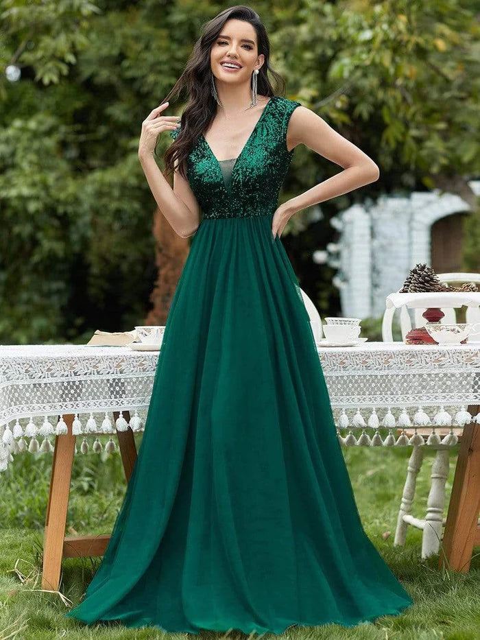 Deep V Neck Floor Length Sequin Prom Dresses for Women