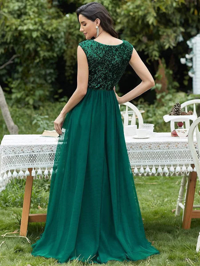 Deep V Neck Floor Length Sequin Prom Dresses for Women