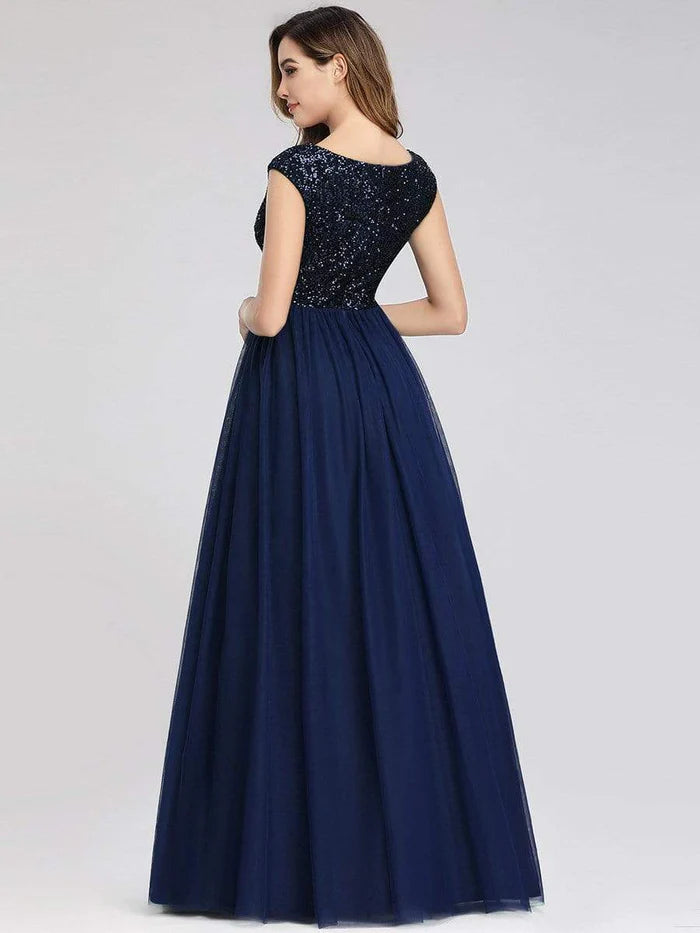Deep V Neck Floor Length Sequin Prom Dresses for Women