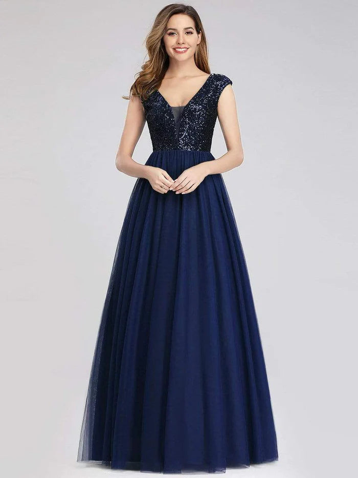 Deep V Neck Floor Length Sequin Prom Dresses for Women